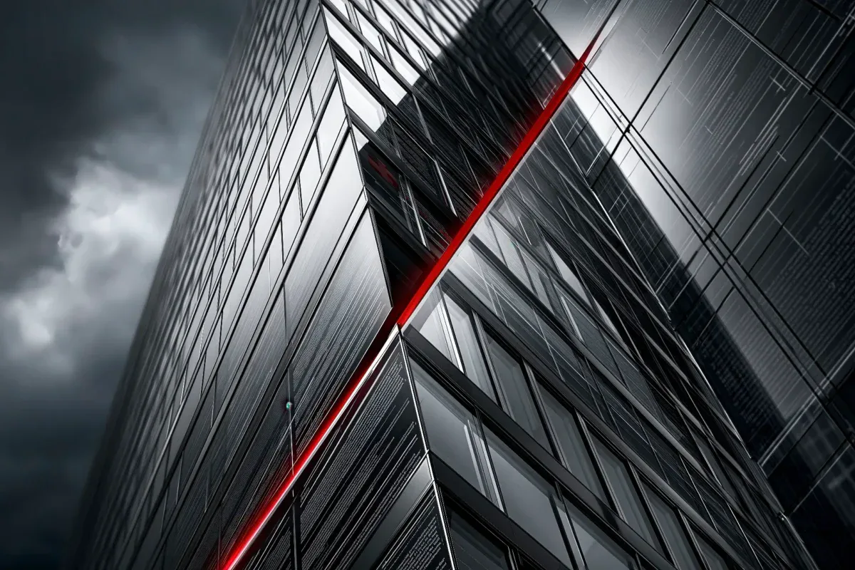 Architettura astratta in bianco e nero con documenti legali trasparenti, griglie di governance e dettaglio rosso Innovando.