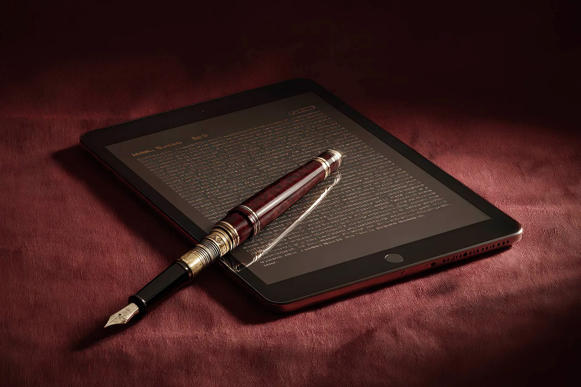 Vintage fountain pen next to modern tablet on red surface, symbolizing ethical method