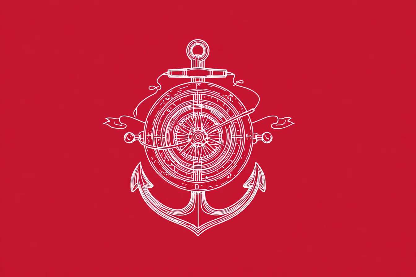 White astrolabe and anchor line icon on red background