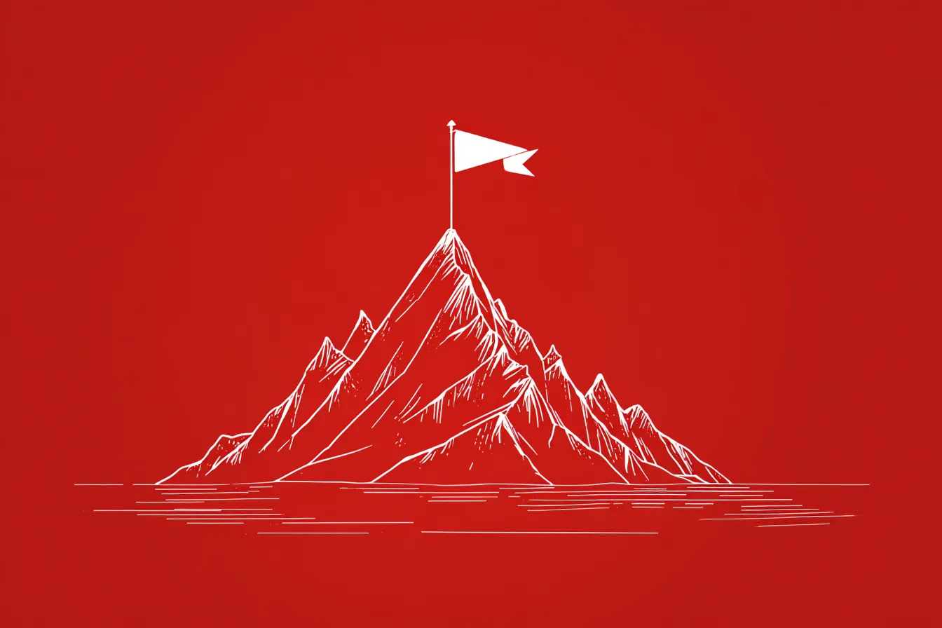 White mountain and flag icon on red background
