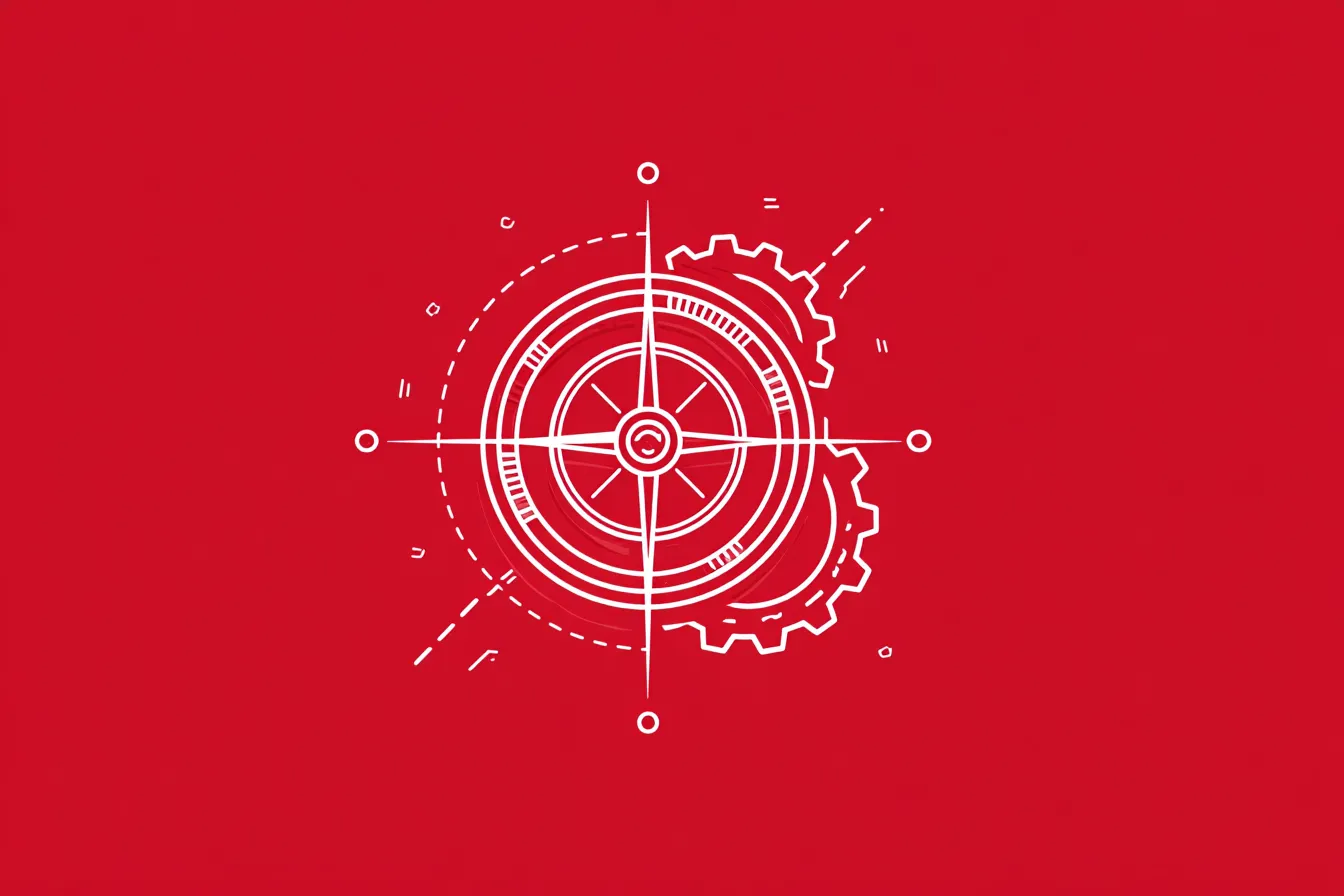 White icon of compass and gear on red background
