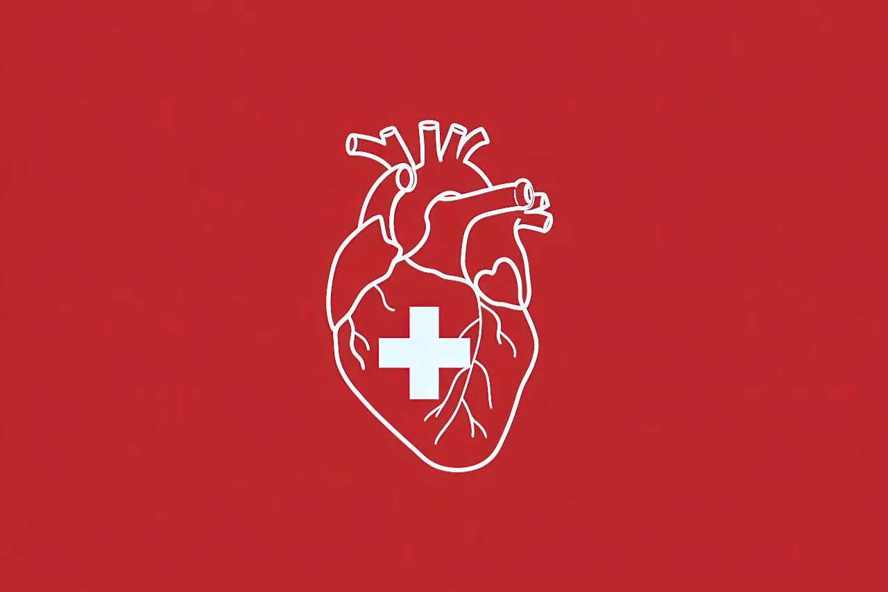 White line drawing of a heart with Swiss cross on red background