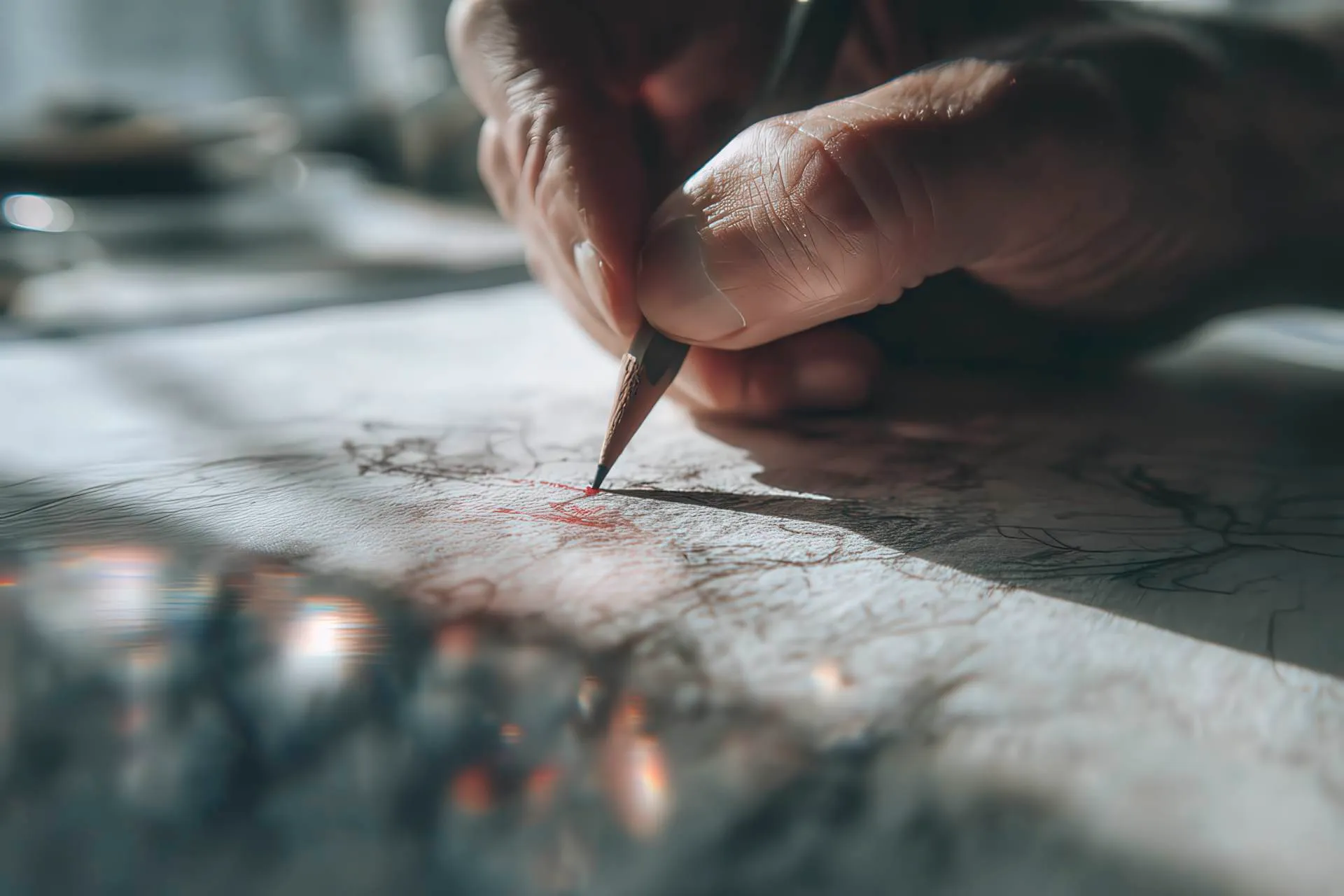Close-up of a hand sketching on textured paper with urban reflections and glitch effects