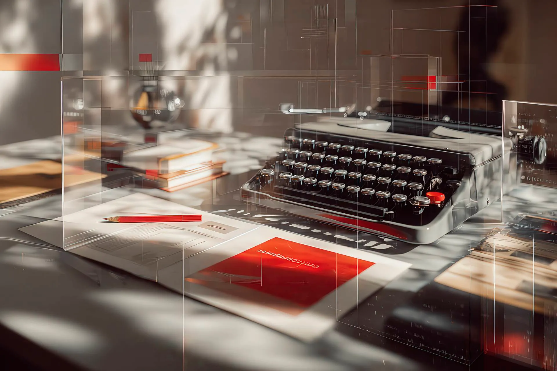 Designer’s desk with typewriter, sketches and brochure