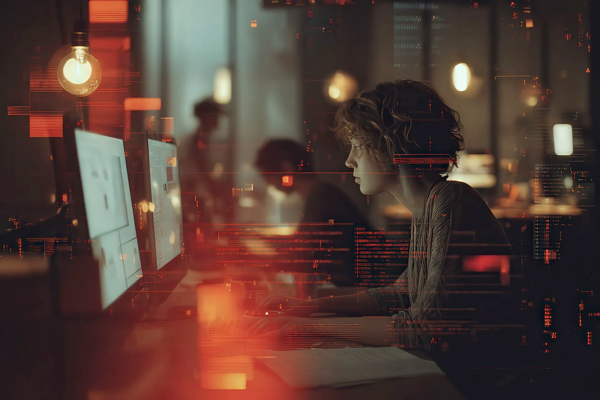 Two editors working at a cinematic desk, with digital layers and printed drafts in motion