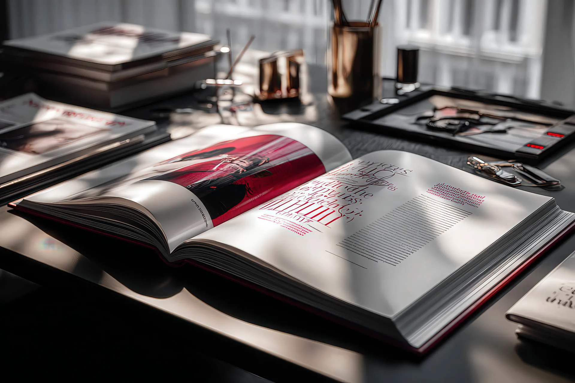 A glossy designer magazine open to a bold, stylish editorial spread