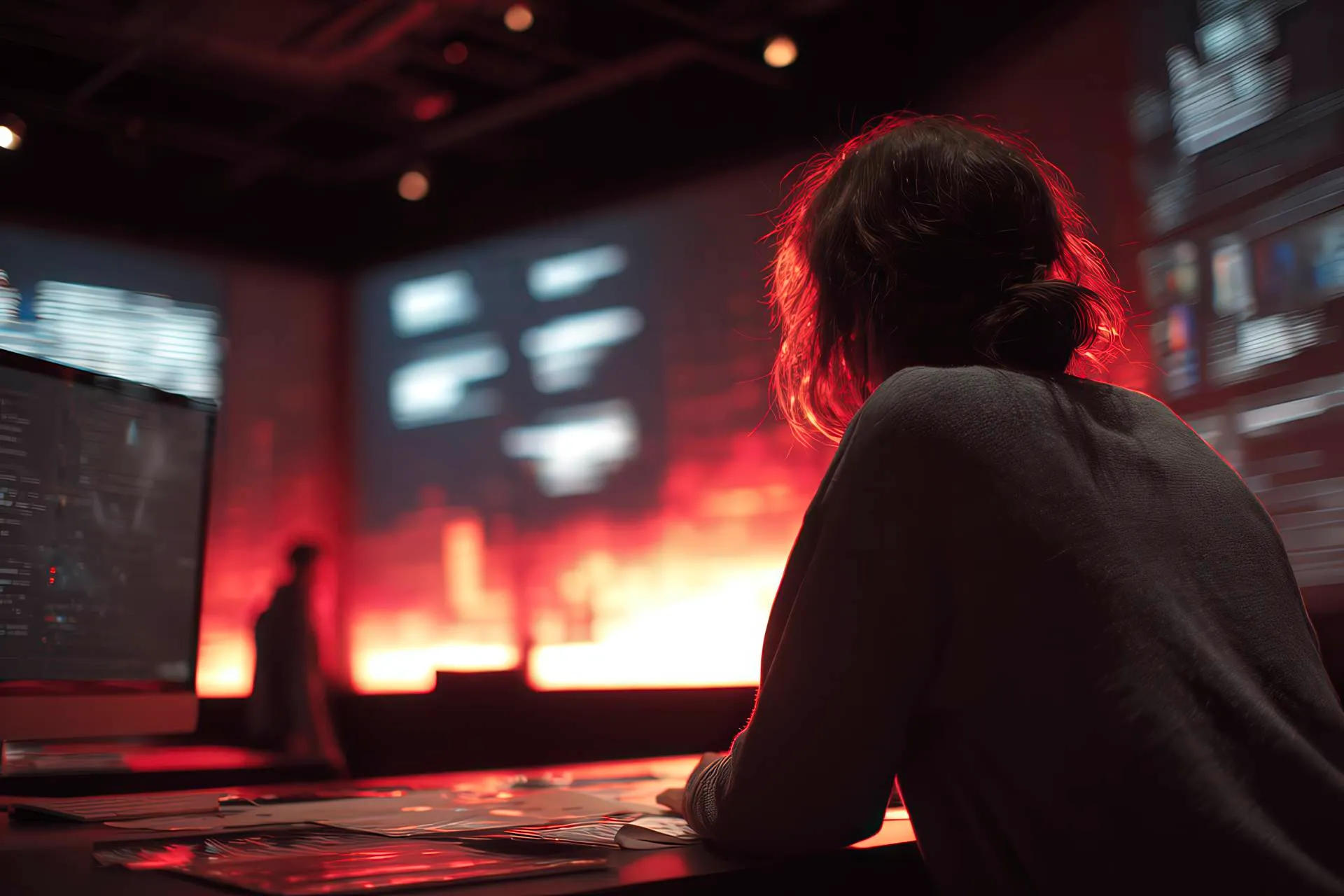 A cinematic editorial scene showing a person interacting with feedback in a glitch-lit workspace