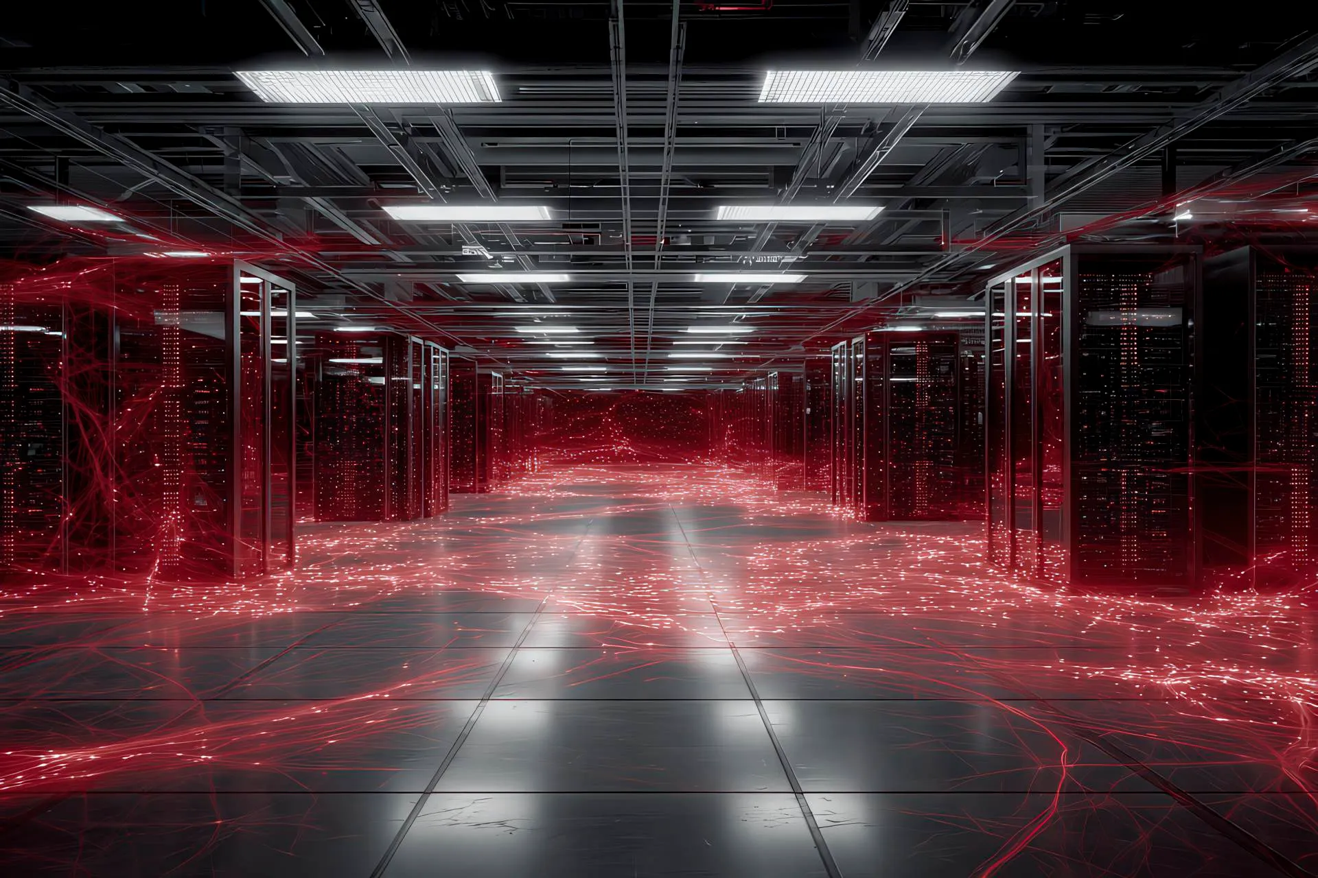 Digital visualisation of four connected Swiss datacentres with red data lines