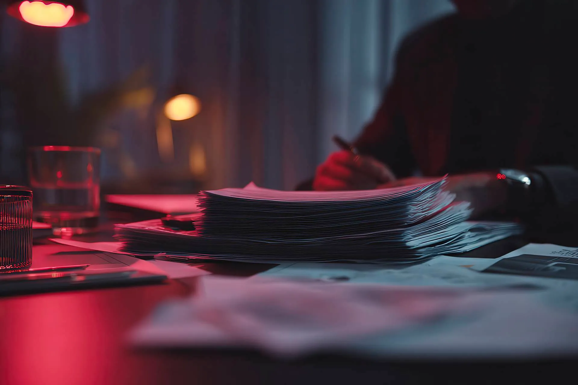 A realistic editorial scene with documents and red lighting, symbolising company structure and transparency