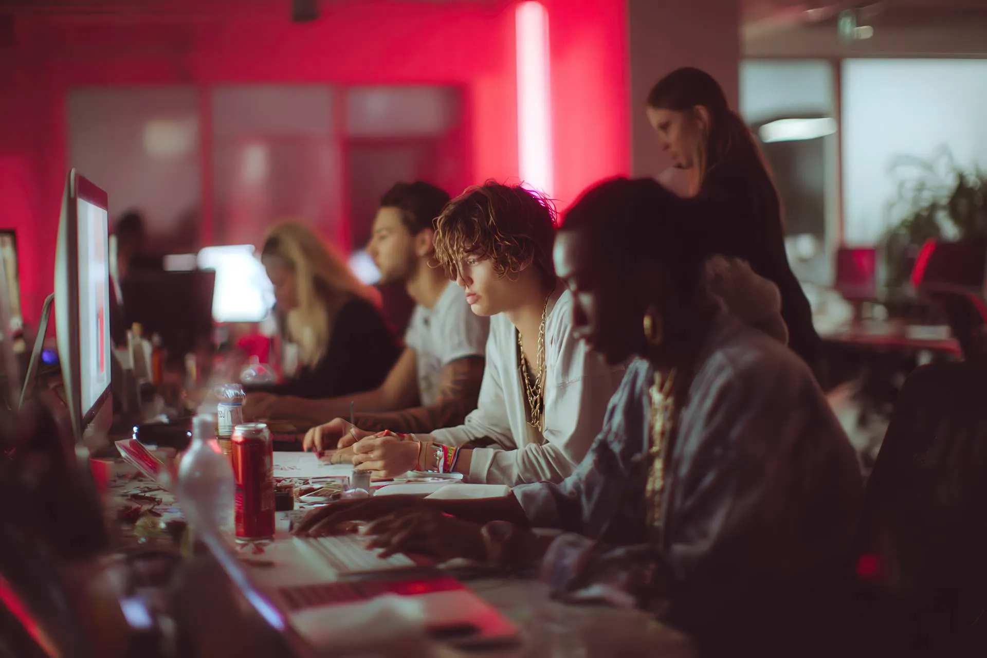 A cinematic team scene showing diversity in a creative studio with glitch and light effects