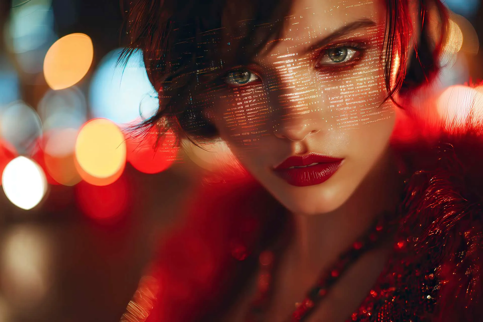 Portrait of a brunette fashion model in a night-time Milan street