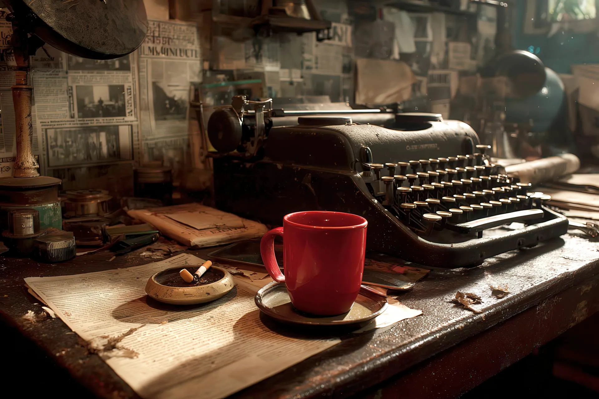 A gritty writer’s desk with typewriter, coffee mug, and scattered drafts