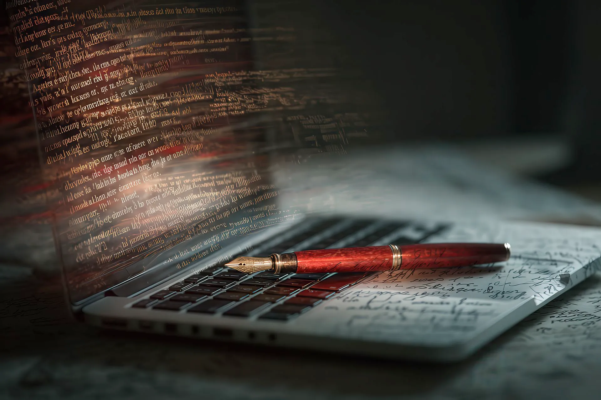 A symbolic desk showing ghostwriting with ambient light and red accents