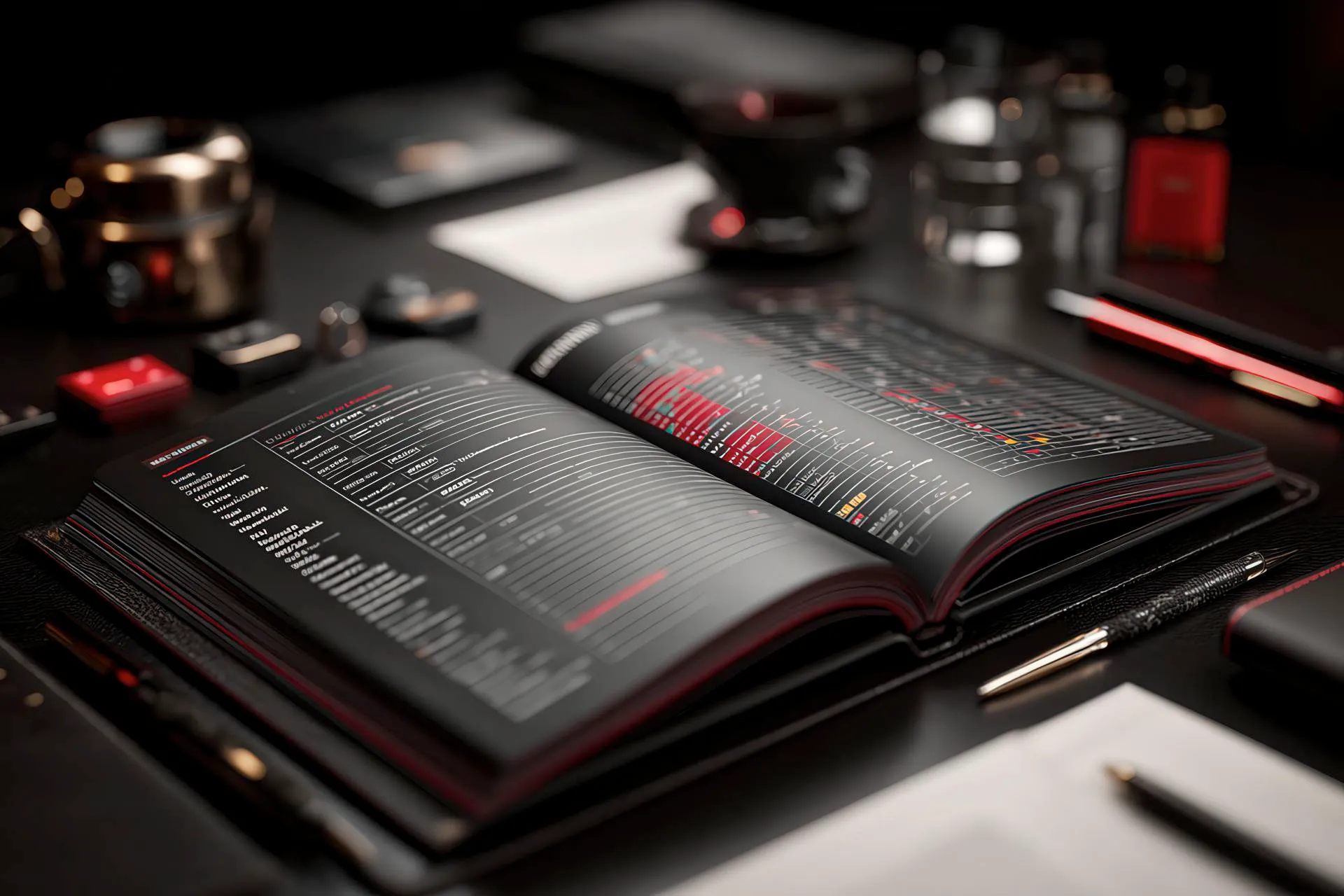Open brand manual with grids and color codes on a marble desk, elegant tools