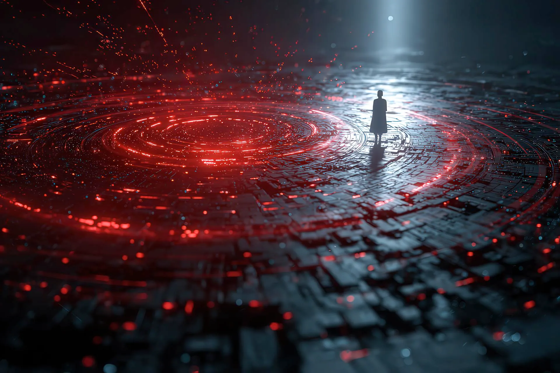 Person at center of brand identity map with red digital accents
