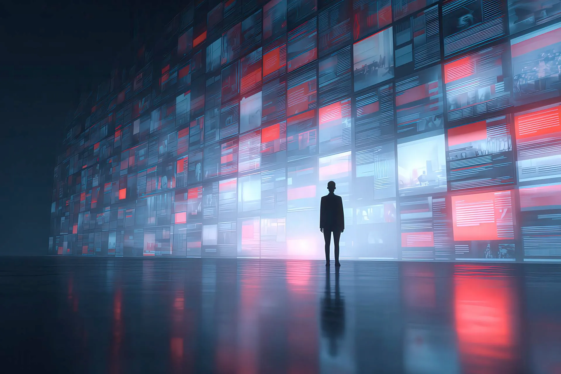 Person facing digital media panels with glowing headlines