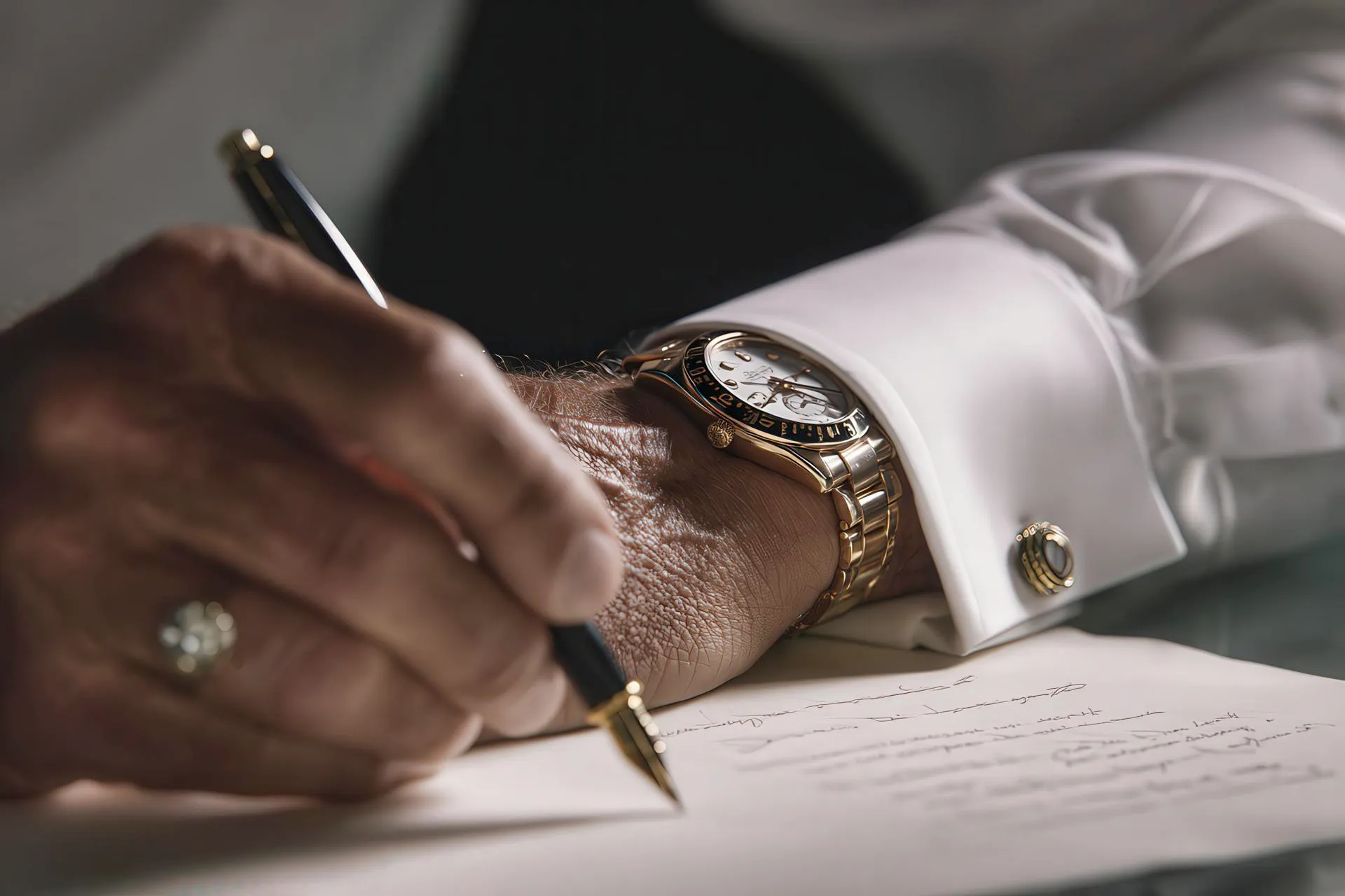 A CEO’s hand writing with a luxury pen on fine paper