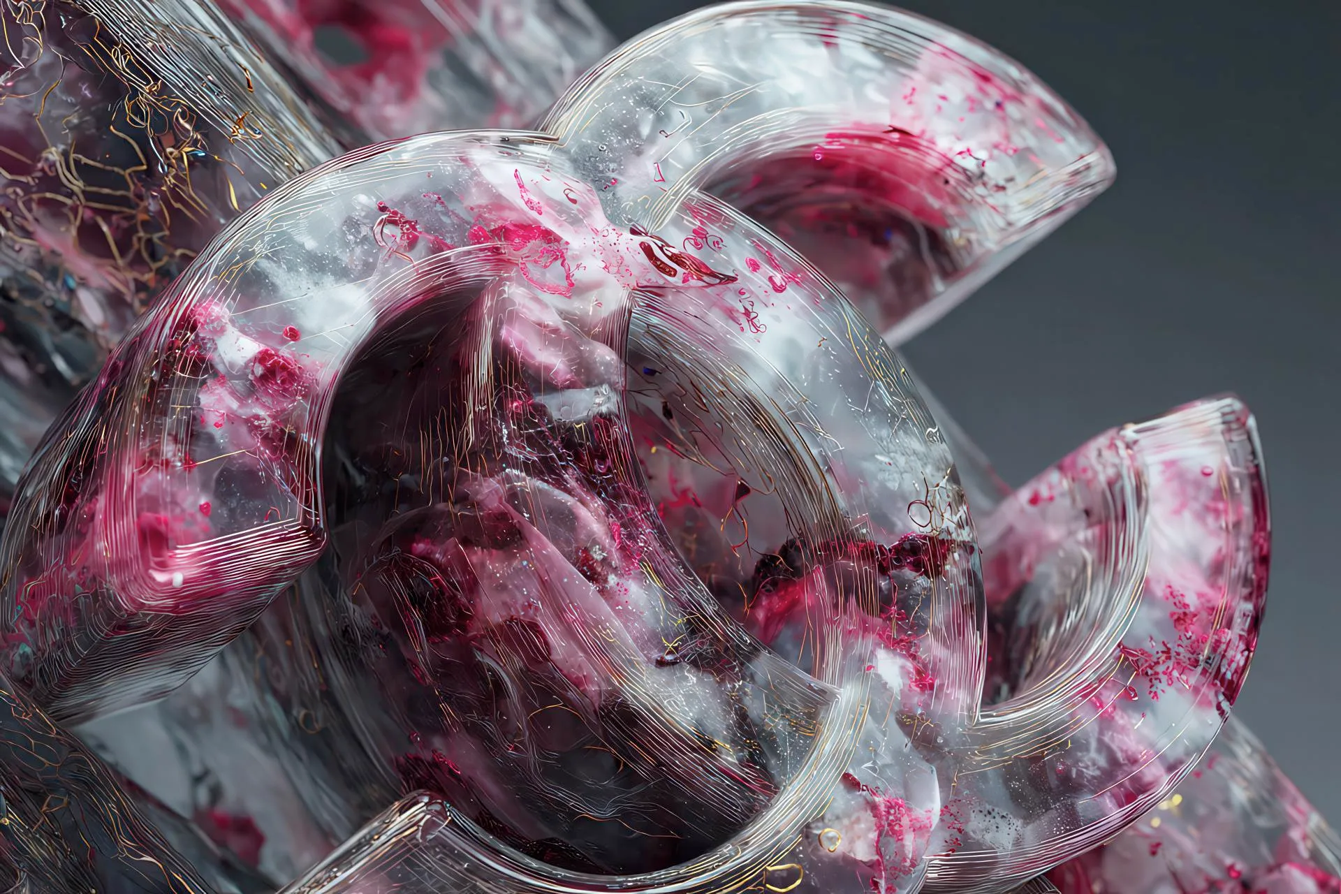 Luxury marble dissolving into abstract glowing brand symbols