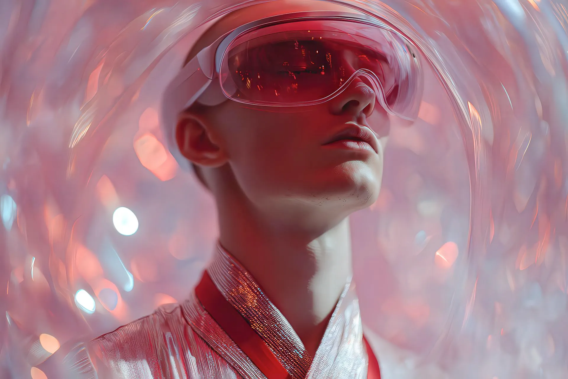 Fashion-forward strategist surrounded by floating platform waves
