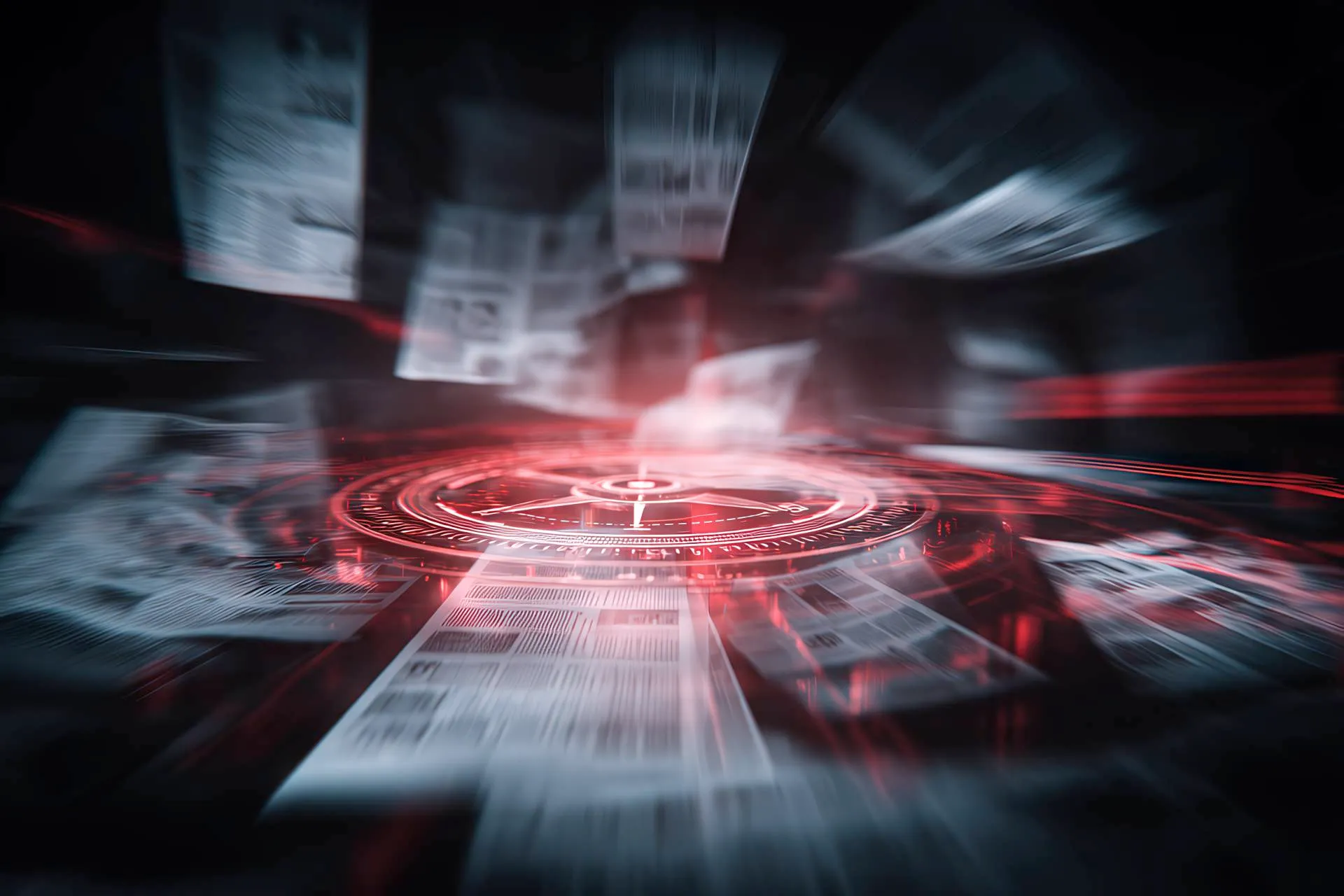 A digital compass emerging from dissolving news layers with red (#dc2927) glowing accents