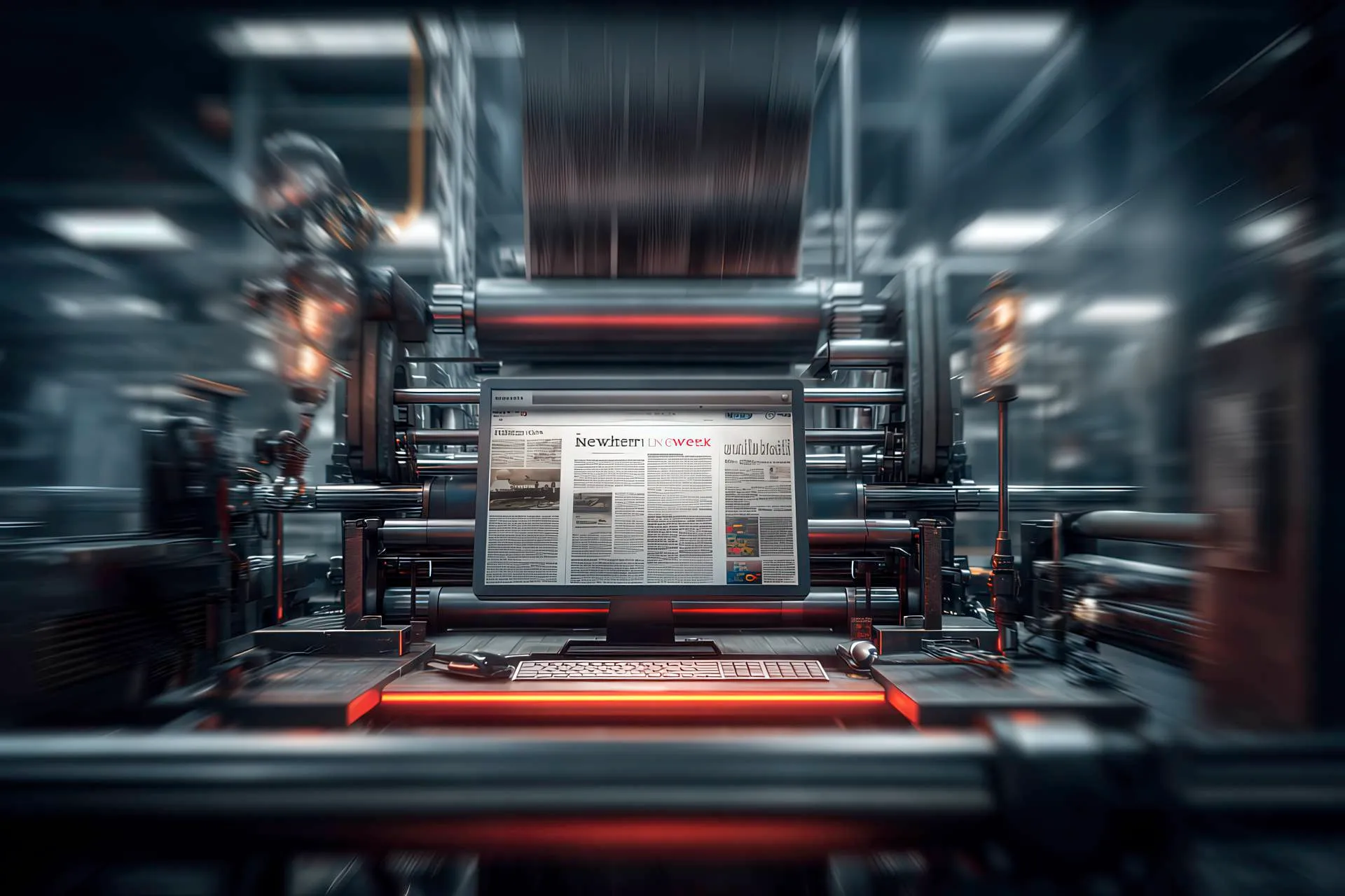 Printing press transforming into a digital newsletter on screen