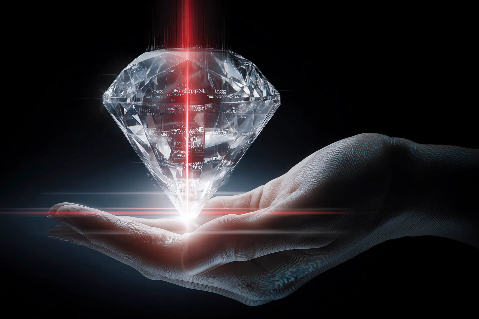 Hand holding a glowing prism that refracts structured words