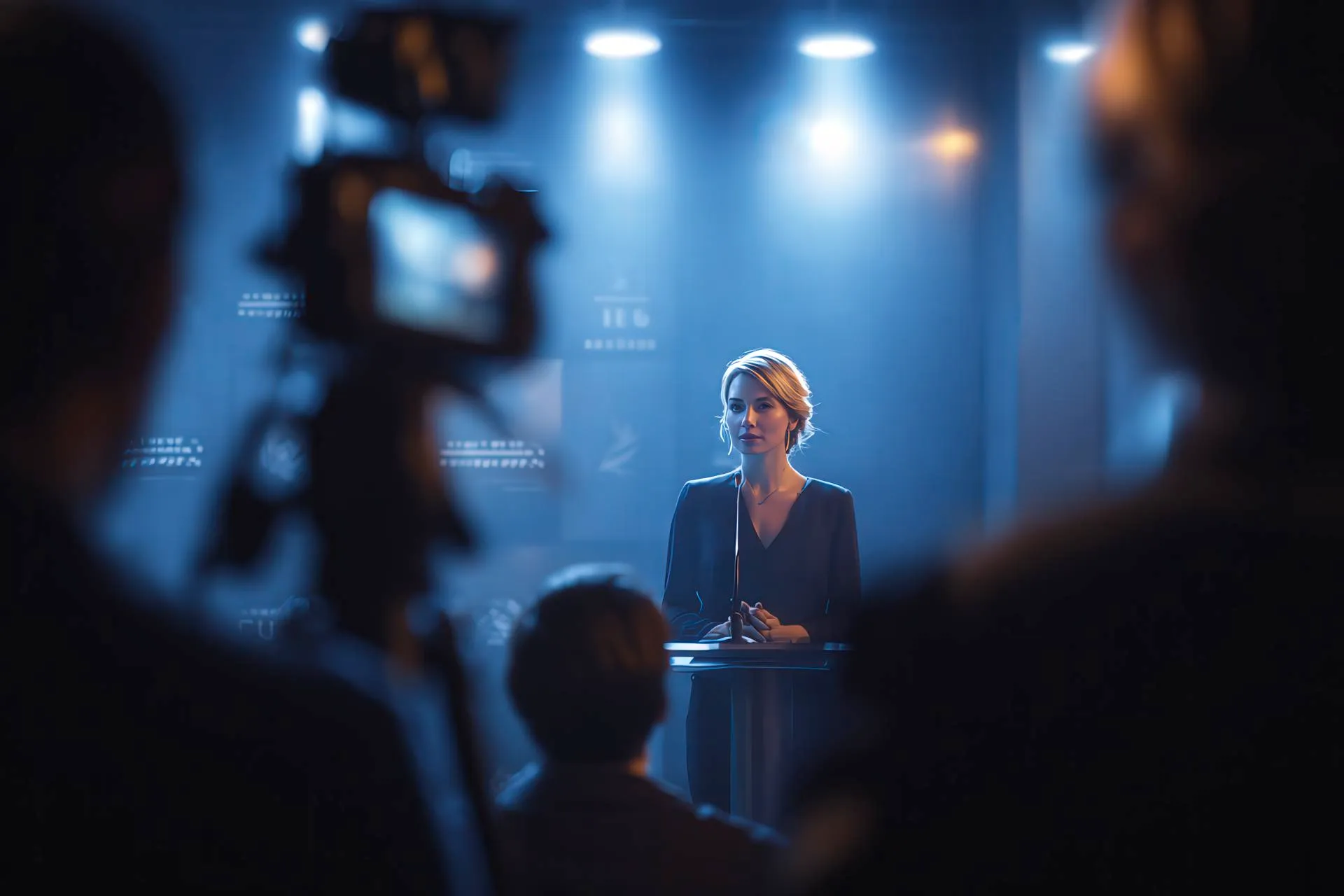CEO addressing public with strong brand visuals behind her