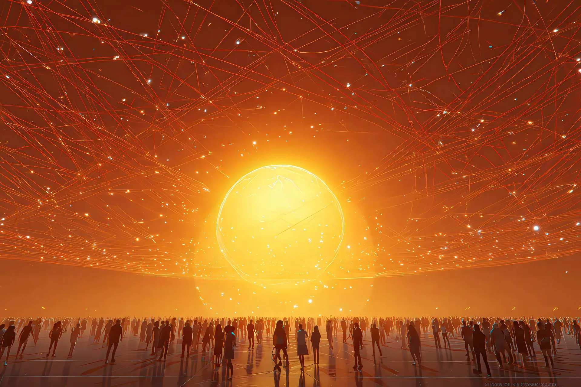 Glowing central sphere with red luminous connections forming a bright network above a crowd