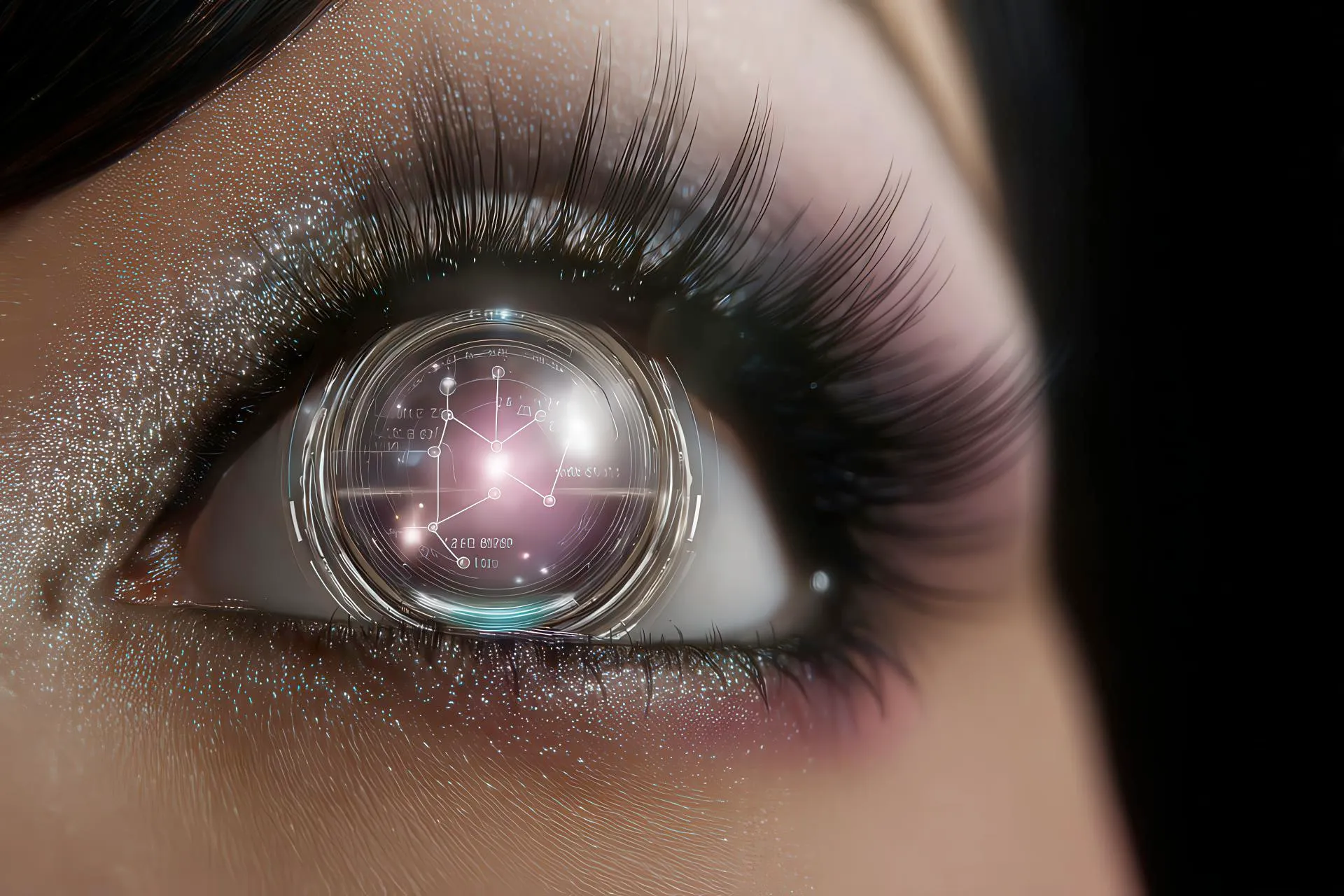 Fashion-styled female eye with holographic diagrams of brand funnels and strategy flows