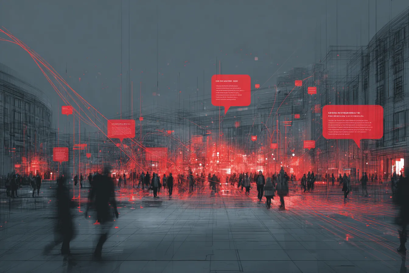 Digital speech bubbles and red thread forming brand presence