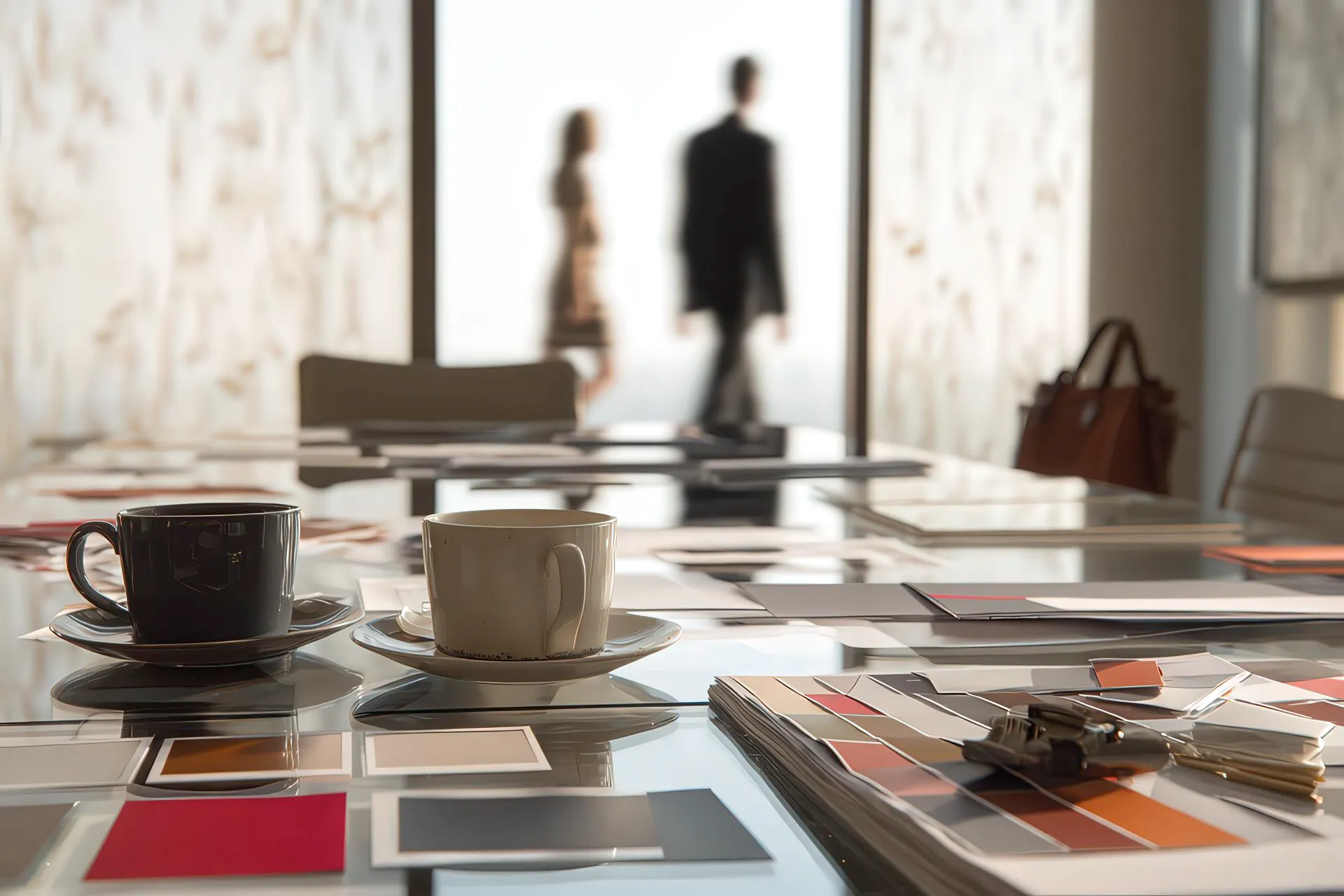 Elegant design room with brand materials and vibrant human presence