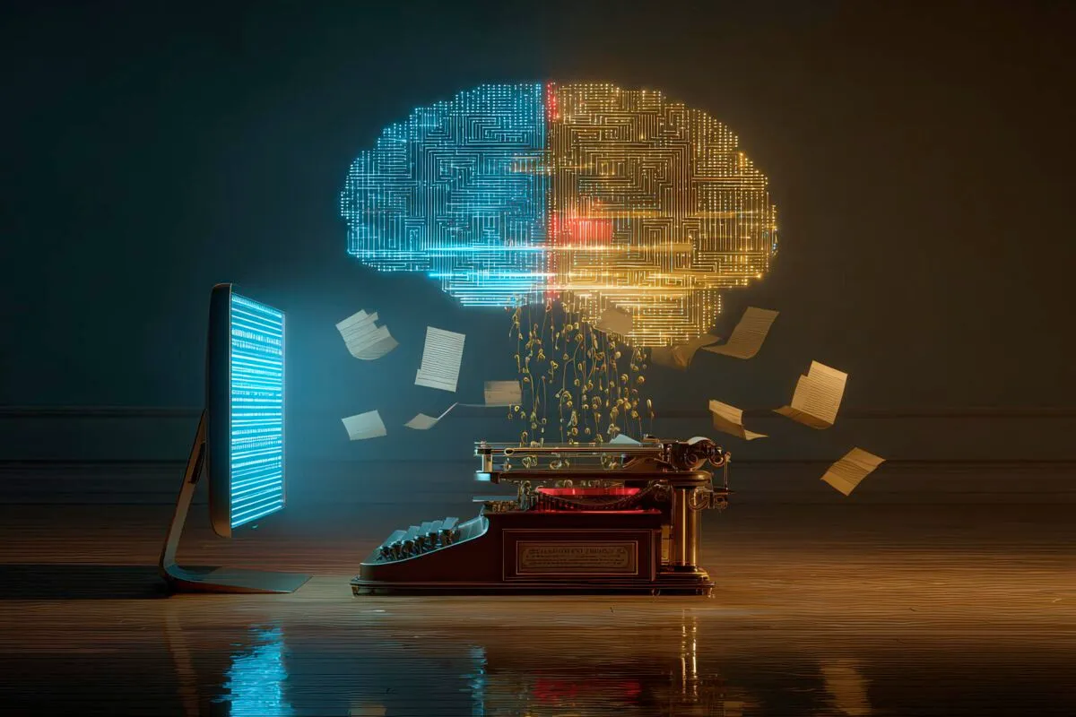 Typewriter merging with digital brain and monitor, symbolizing tradition and innovation