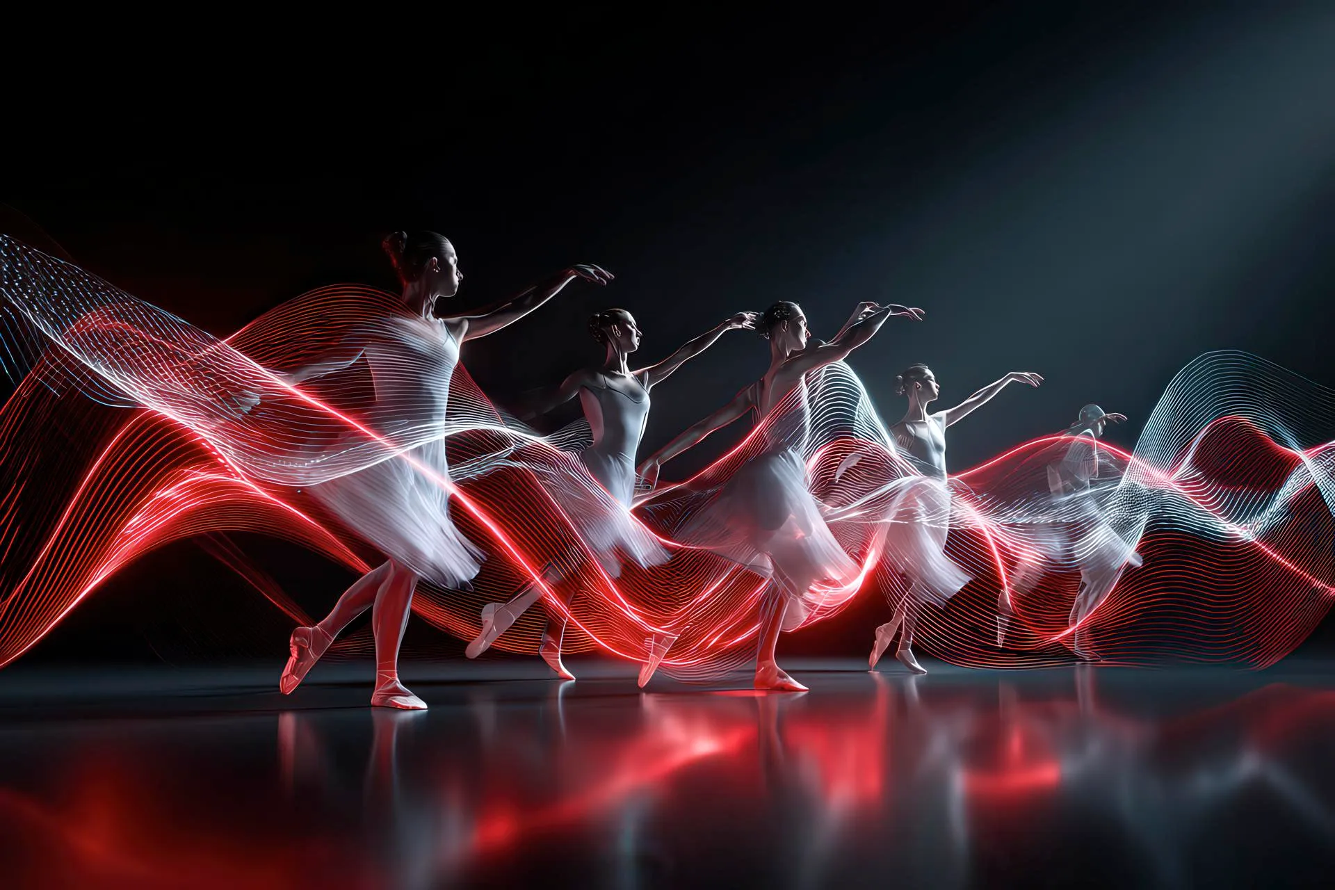Dancers in motion dissolving into futuristic digital waves with glowing red accents