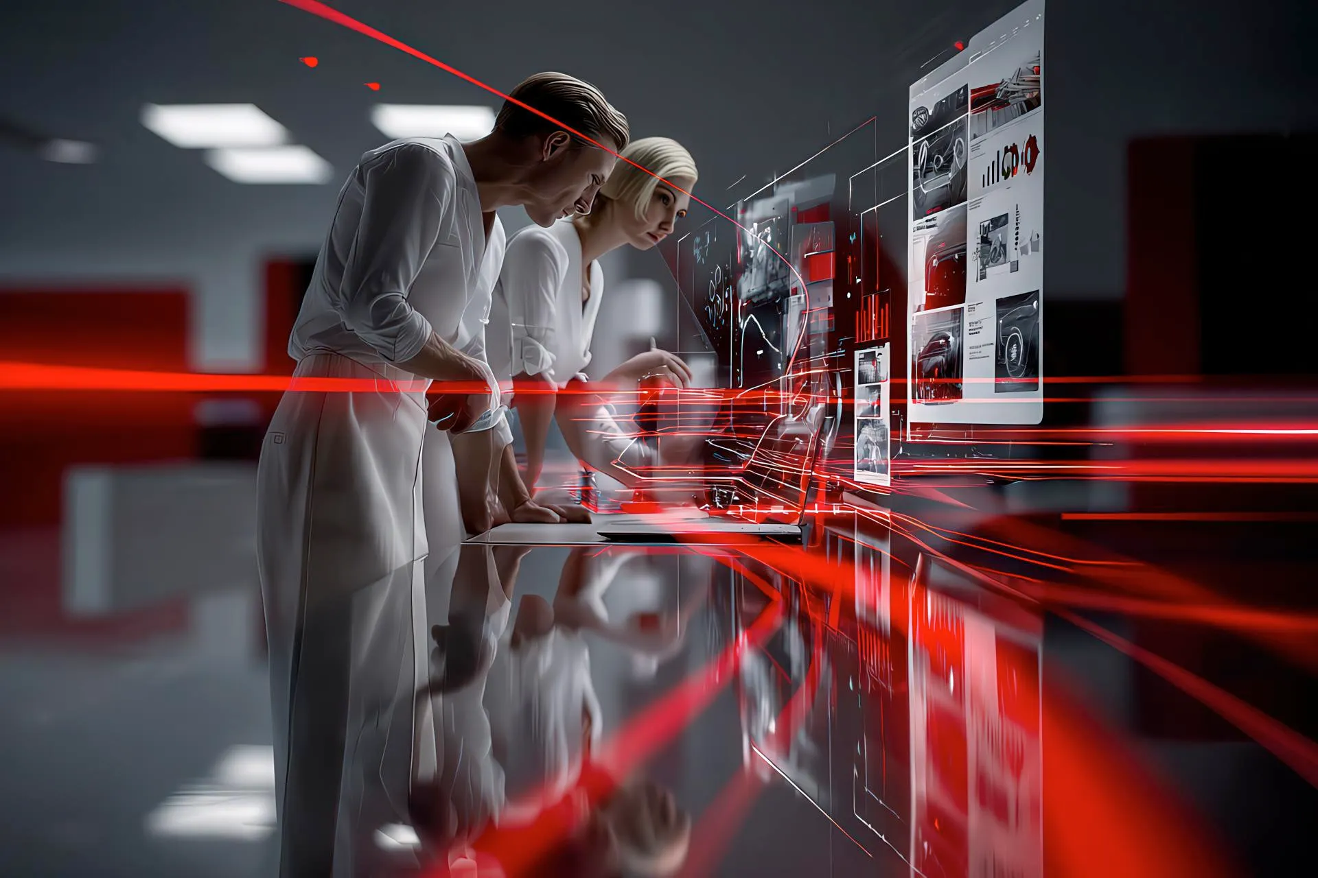 Professionals collaborating with holographic dashboards and glowing data streams