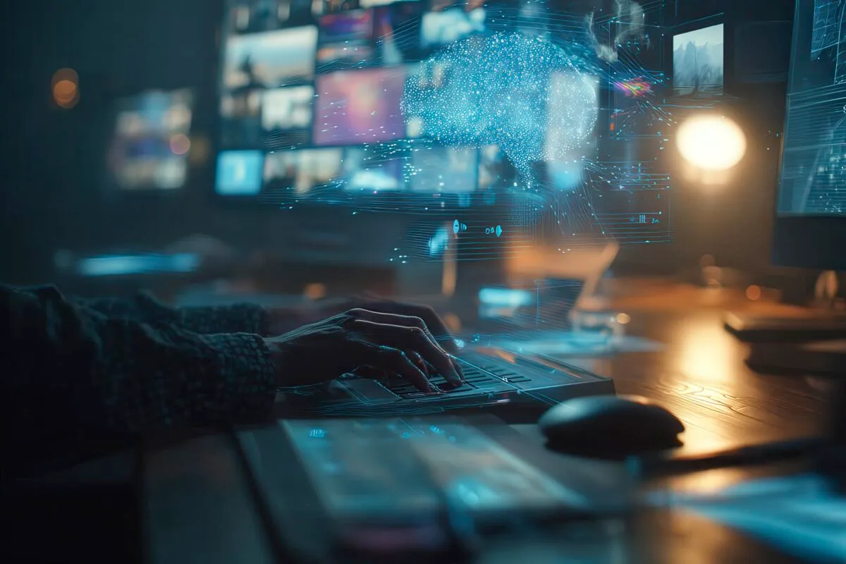 Professional working at digital desk with social media platforms and AI brain overlay