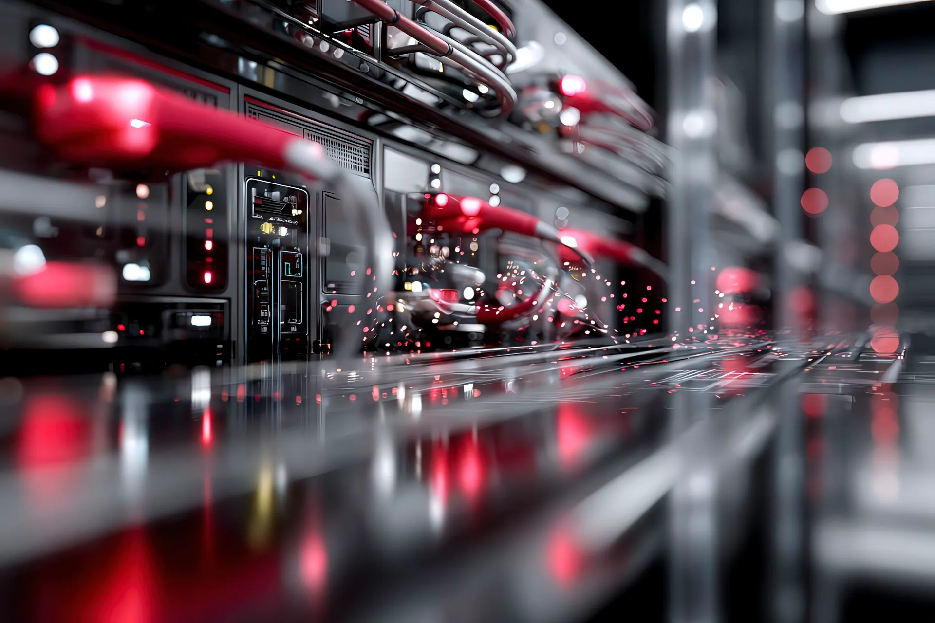 Cinematic visualization of encrypted servers and data flows with red lighting accents