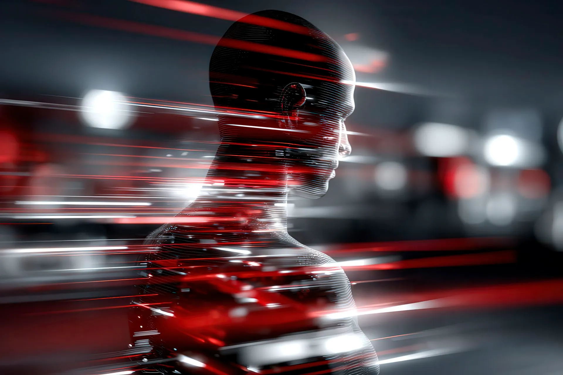 Human figure emerging from luminous red AI data streams symbolizing creative collaboration