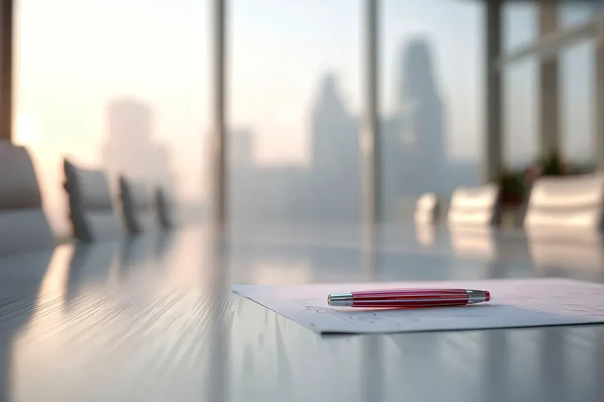 Photoreal editorial cover with a single red pen in #da291c on a white page in soft natural light