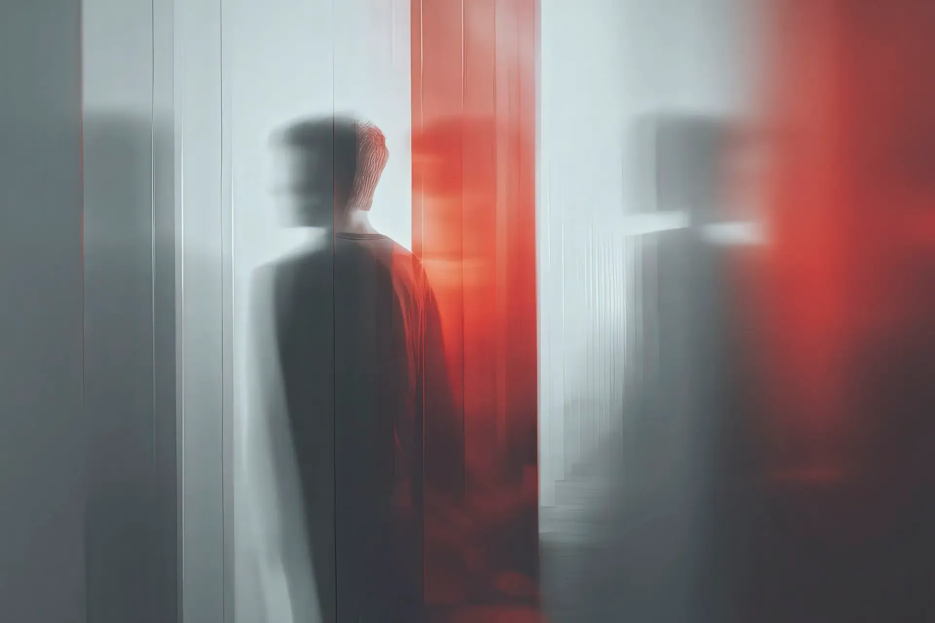 Translucent silhouette through glass layers symbolising perception and control